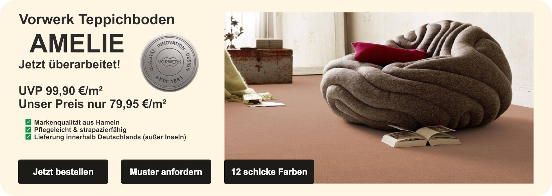 Vorwerk Amelie Teppichboden – Soft-Saxony Qualität, 4 m Breite